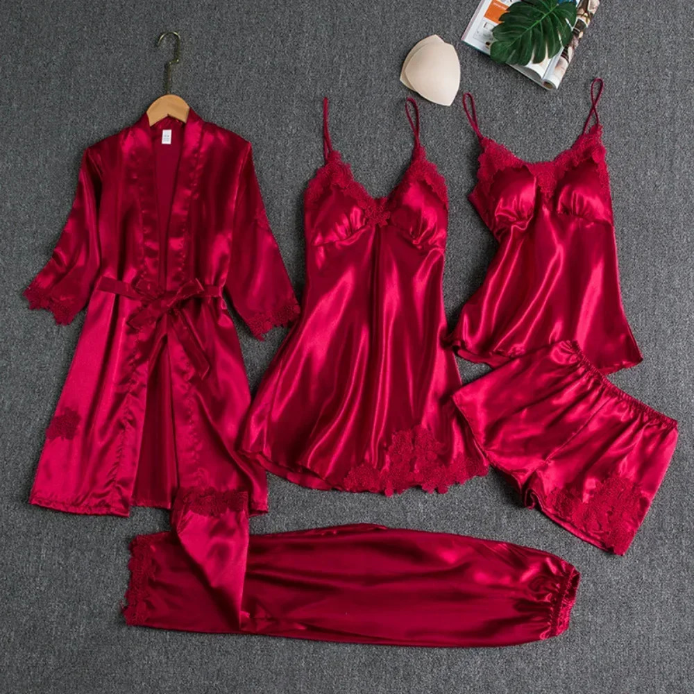 5Pcs Ice Silk Robe Sleep Pajama Set Womens Ventilate Lace Satin Pajamas Gown V-Neck Casual Wear Home Nightwear Spring Sleepwear 250314