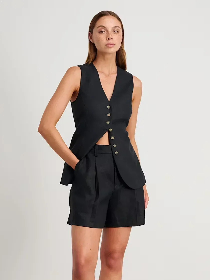 Bronladies Cotton And linen Chic Casual Vest Shorts Set Womens Summer Fashion Sleeveless Tank Top Shorts Suits 250228