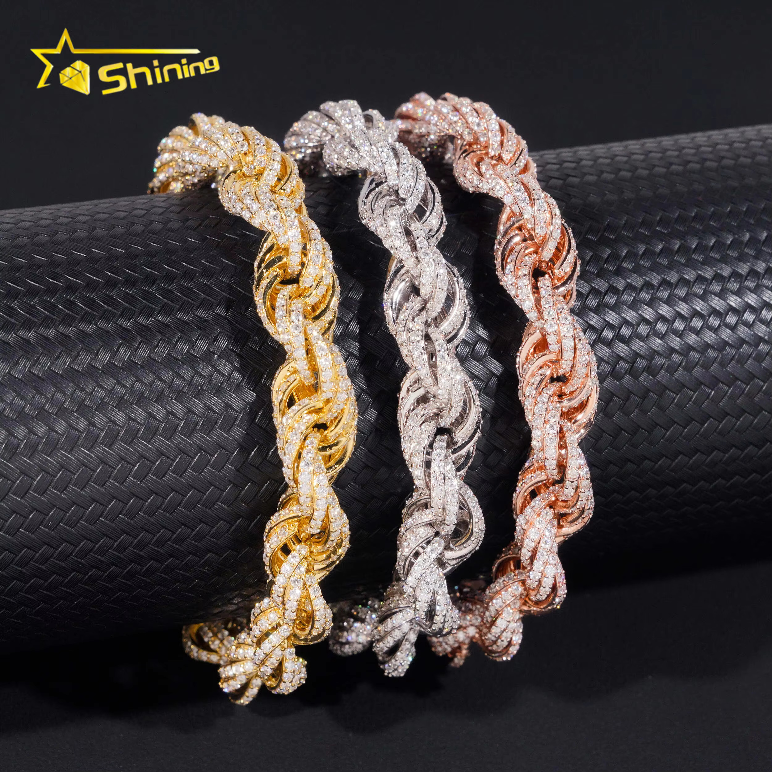 Iced Out Moissanite Rope Chain Sterling Silver 925 Gold Plated Moissanite 10mm Bracelets Hip Hop Mens Jewelry