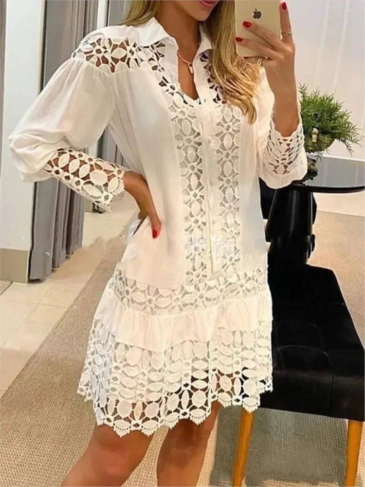 Spring Summer Long Sleeve For Womens Dresses Solid Color Lace Splicing Fashion Cutout Shirt Elegant Female Sexy Dress 250313