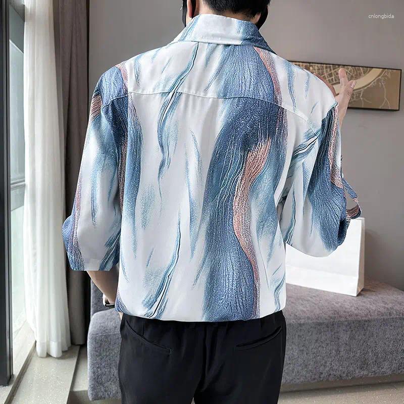 Trendy Mens Ice Silk Floral Three-Quarter Sleeve Korean Style Summer Casual Loose Fit High-End Asian Shirts