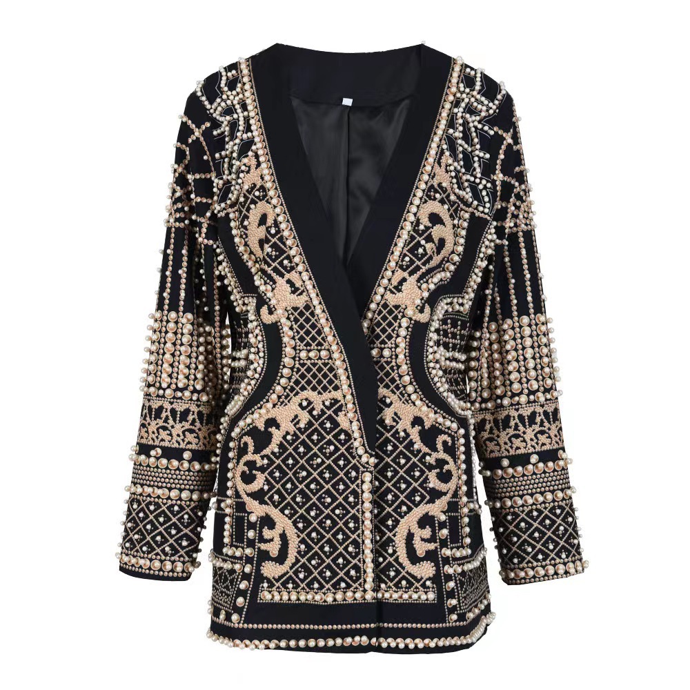 K311Classic V Neck Thick Knit Blazer - Elegant Bubble Bead Pattern