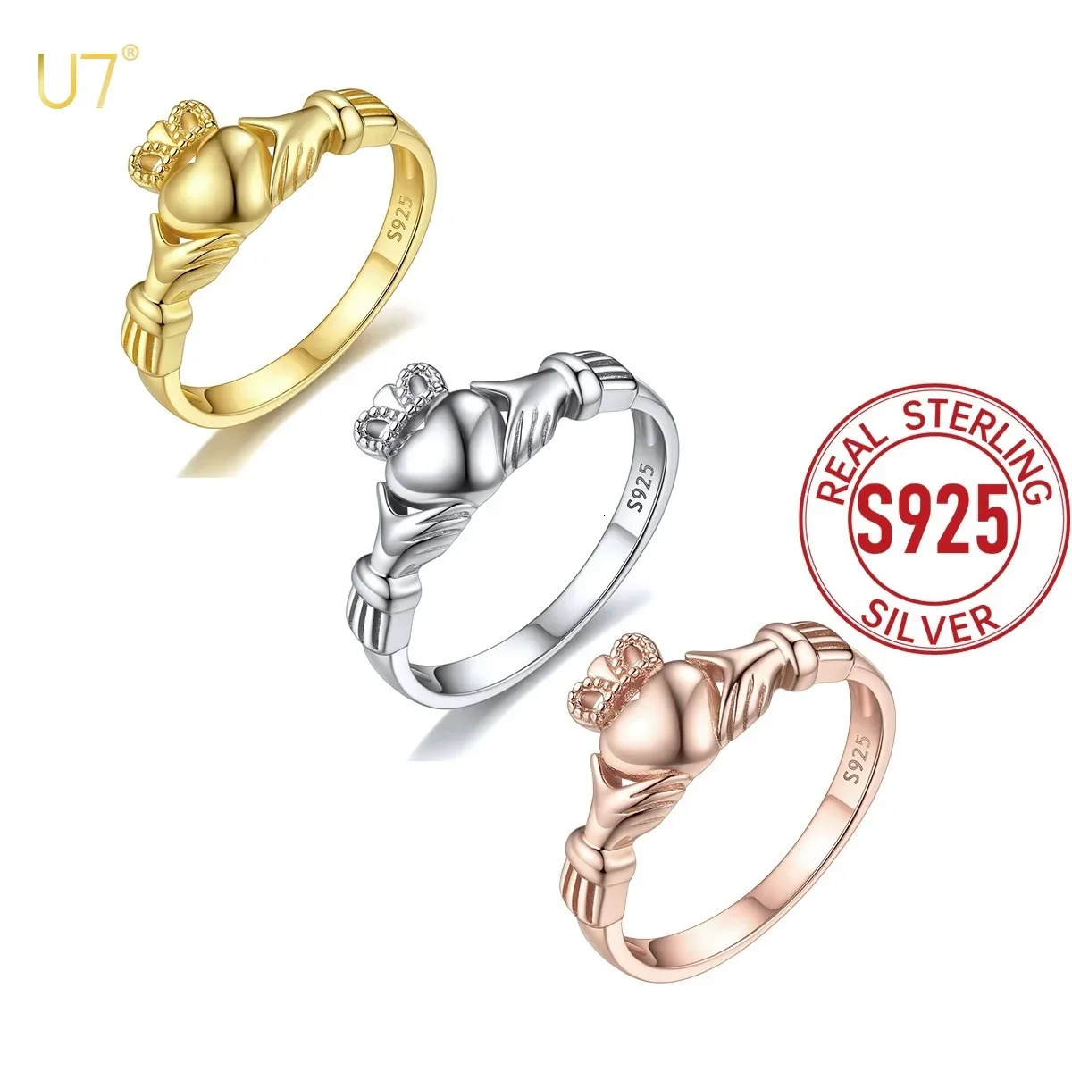 U7 925 Sterling Silver Claddagh Ring for Woman Celtic Knot Romantic Promise Anniversary Wedding Ring Size 4 -12 Gift 250314