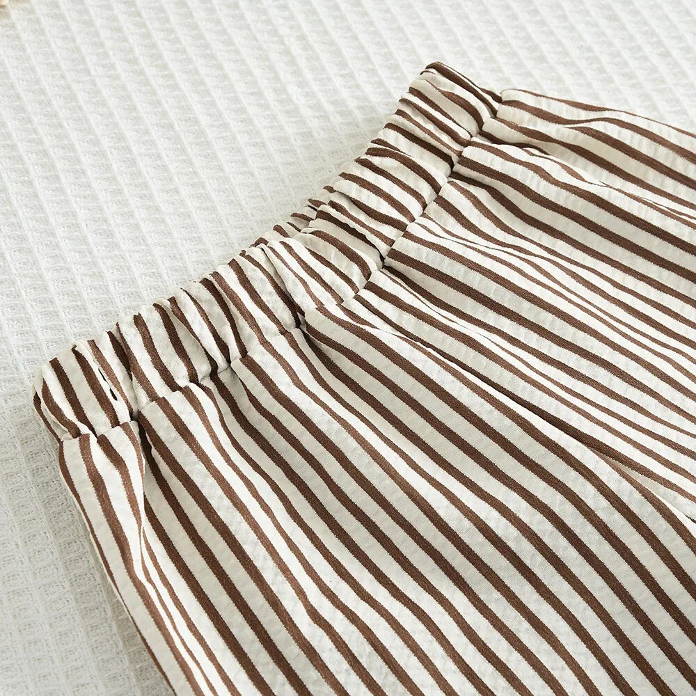 Bear Leader Khaki VestStriped Wide Leg Pants Summer Two-piece Set Daily Simple Sleeveless Childrens Clothing for 3-7 Years Old 250314