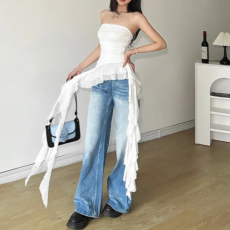 Nibber Spring Solid Color Sweet Gentle Cute All-match High Street Travel Sexy Chest Wrap ruched Tassel Vest 250228