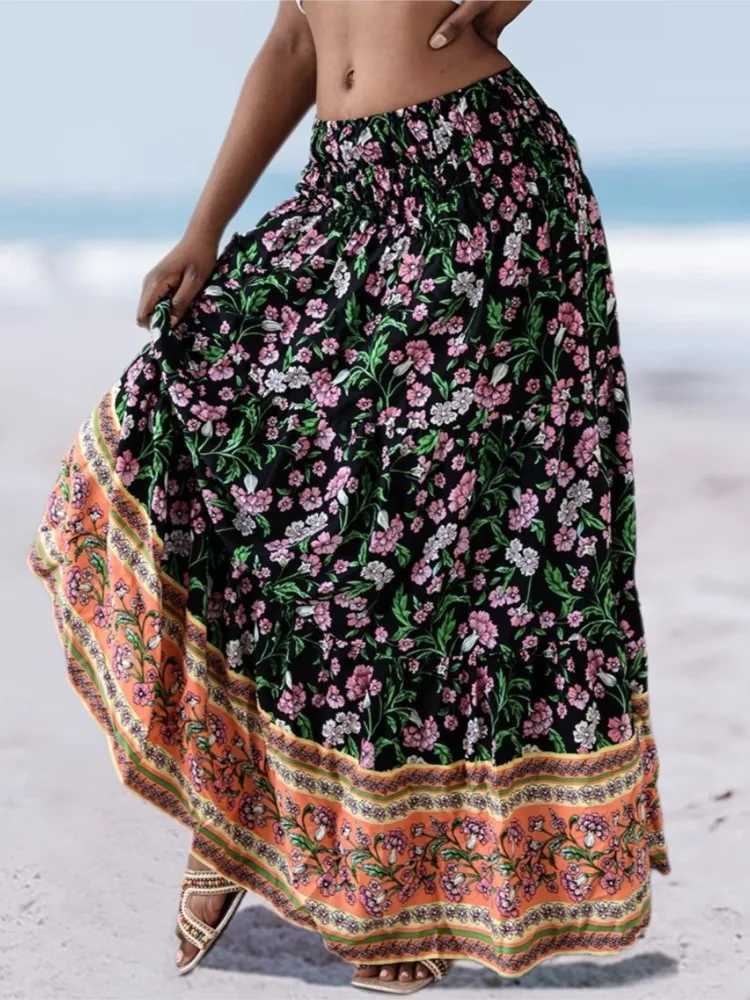 Skirts Summer Bohemian printed womens leather elegant high waisted pleated long skirt casual beach style fashionable womens clothing Y250314QXH8