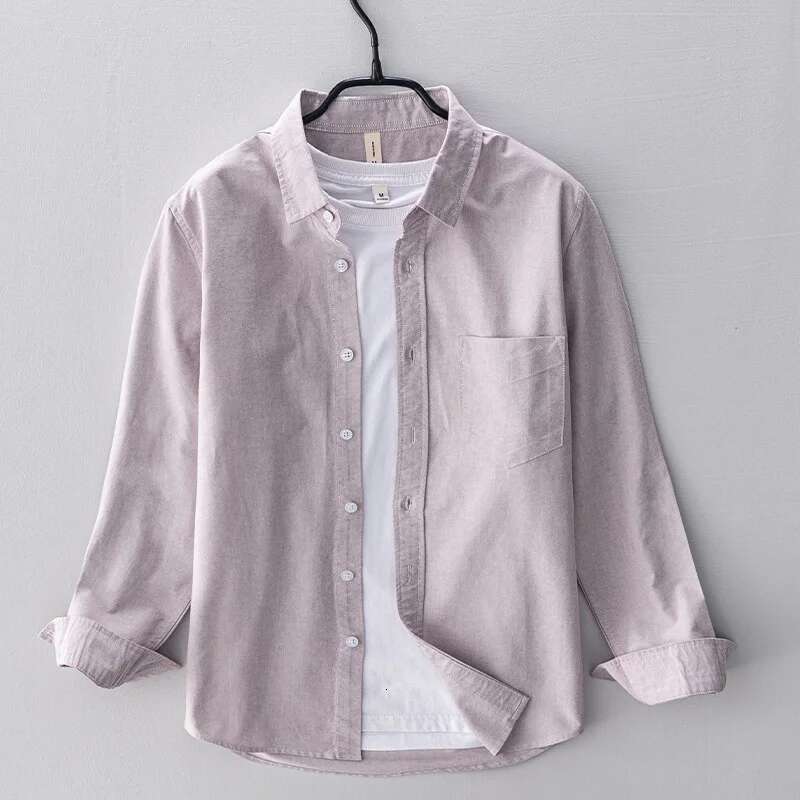 2024 Spring Pink Shirts For Men Casual Slim Fit 100% Cotton Oxford Long Sleeve Shirt Men's Vintage Clothes