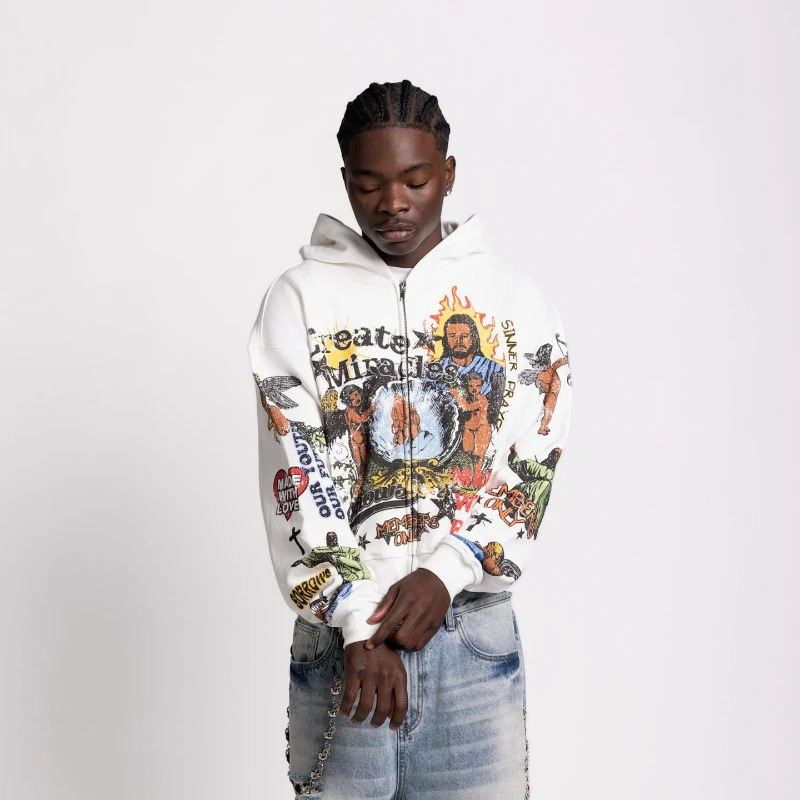 Y2K Messiah Zipup Hoodie Sorrow Creates Miracles Pattern Digital Printing Streetwear Retro High Street Trendy Unisex Pullover 250311