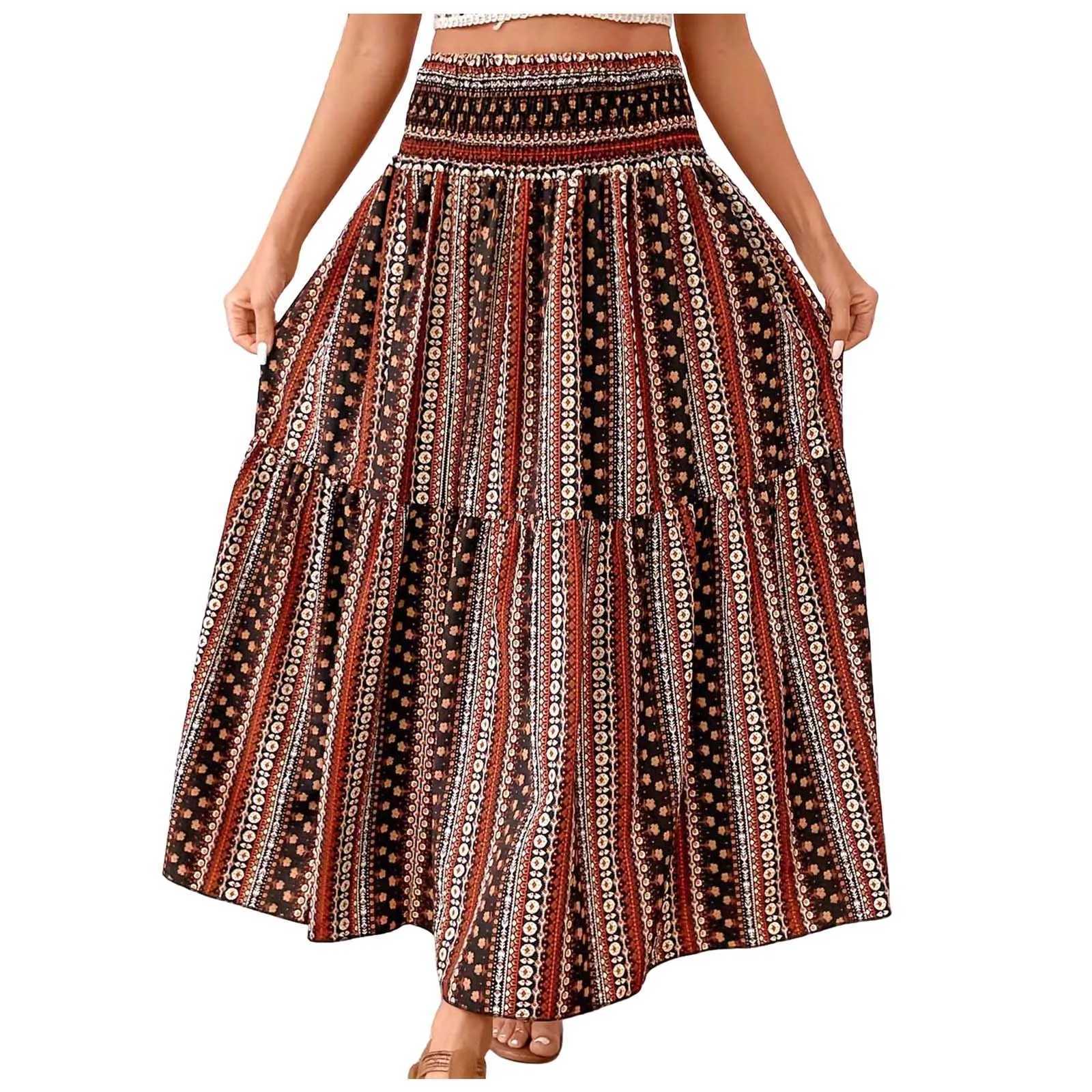 Skirts Vintage Bohemian womens summer elastic waist A-line Faldas Bohemian print Flowy skiing beach swing Maxi long skiing Y250314DOP1