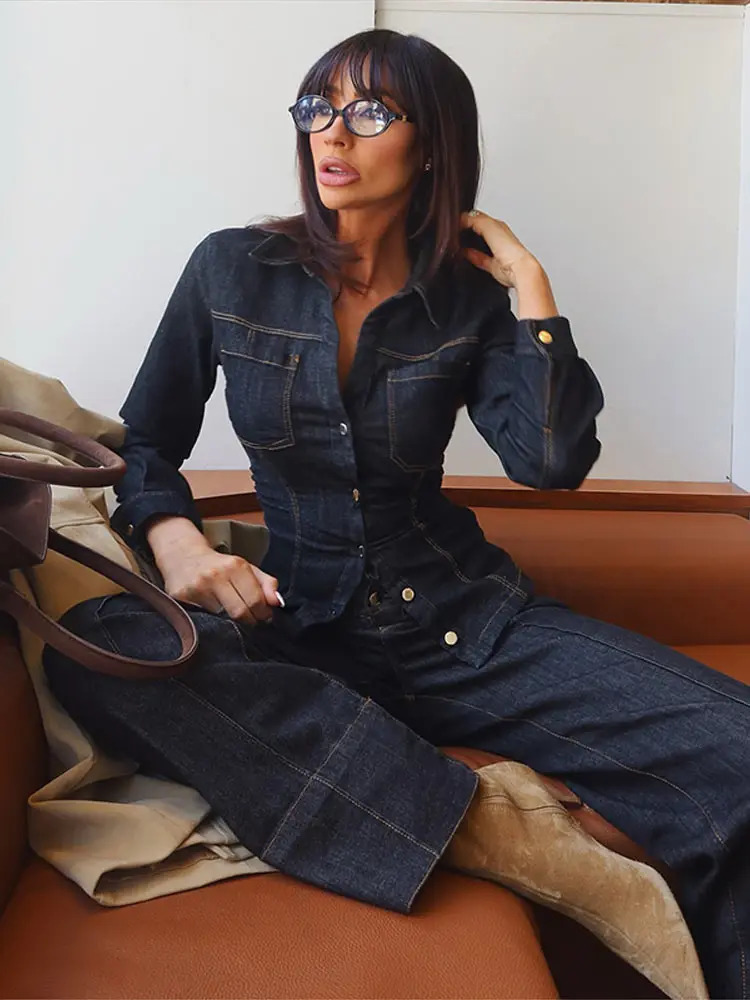 Chic Womens Vintage Denim Set Single Breasted Lapel Jacket With High Waist Wide Leg Jeans Spring Fall High Street Casual Outfit 250314