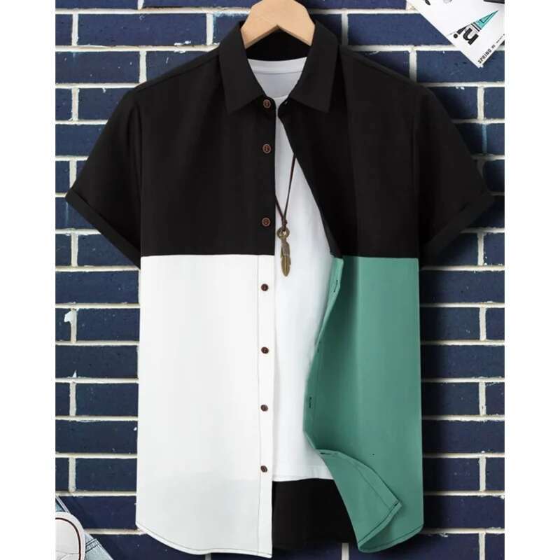 New Shirts For Men Patchwork Plaid Printed Men Clothing Summer Casual Short Sleeved Daily Street Tops Loose Oversized Shirt
