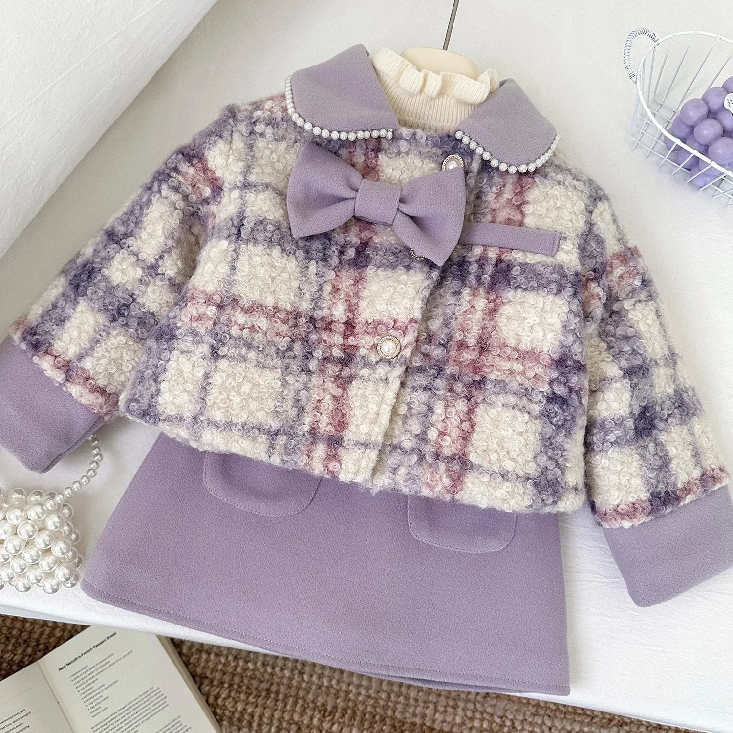 2pcs Girls Tweed Tassel Clothing Sets Flower Jackets Top and Skirt Suits Kids Outfit for 1-10Ys Children Fashion 250314