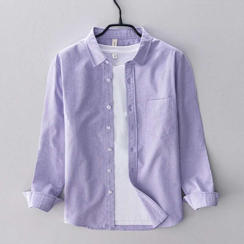 2024 Spring Pink Shirts For Men Casual Slim Fit 100% Cotton Oxford Long Sleeve Shirt Men's Vintage Clothes