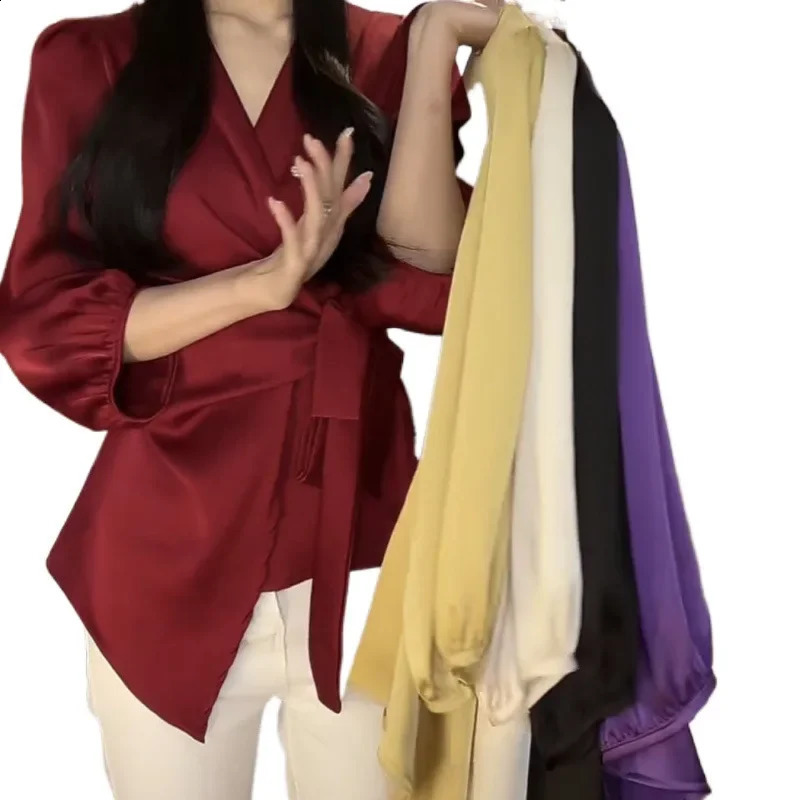 Spring French Style Niche n Womens Blouse Top Slimming Effective Bonded Seamless Satin Like Material Big Size Shirt 250313