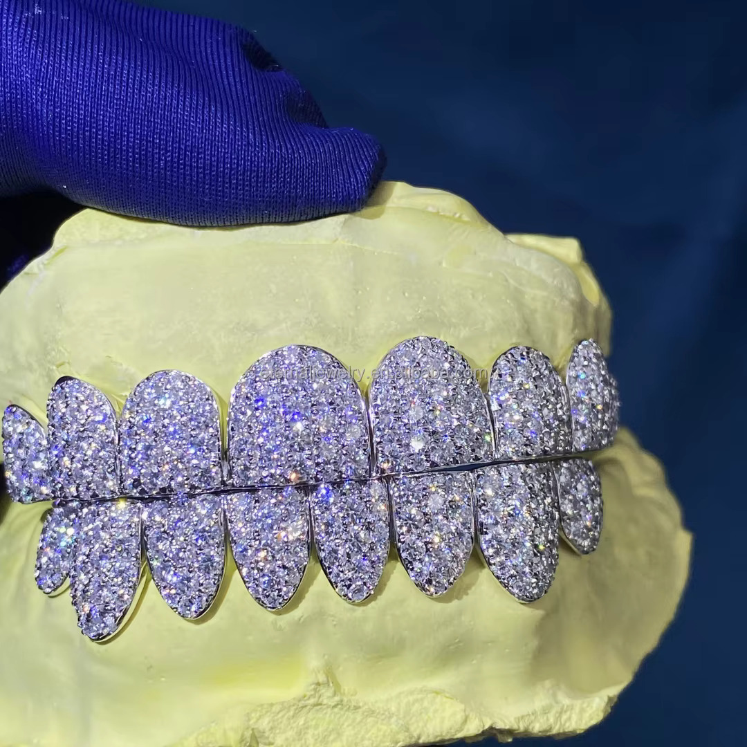 925 Sterling Silver Hip Hop Jewelry Honeycomb SettingTeeth Grillz With Custom Rich Ice Out Moissanite Diamond Grillz
