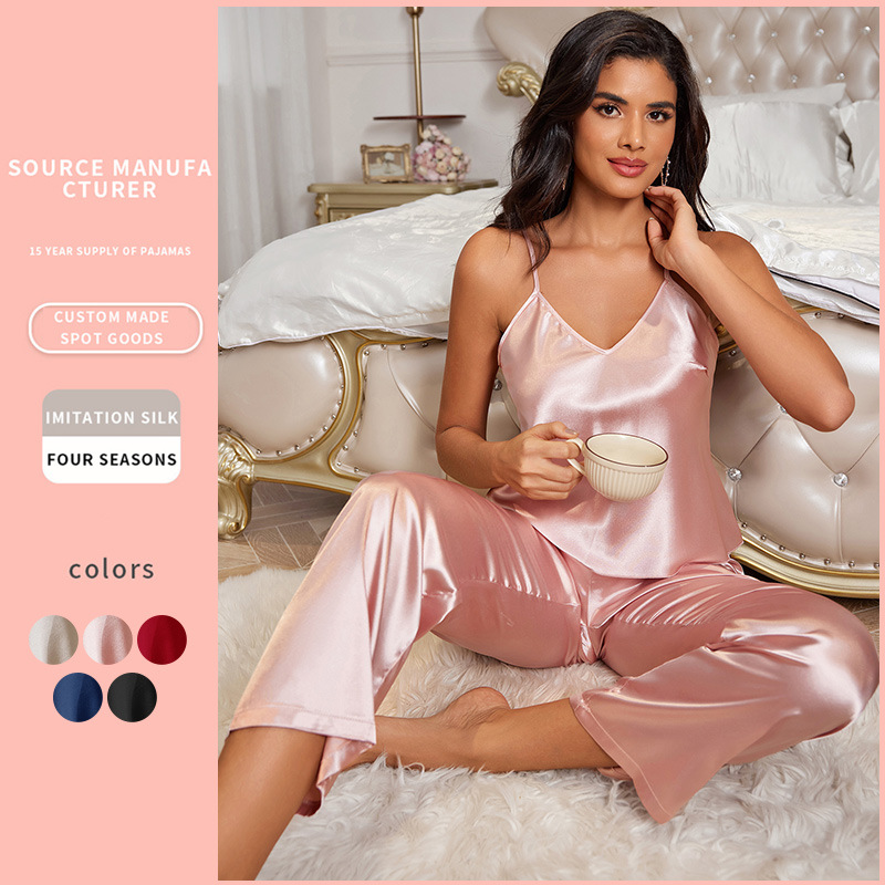 Elegant No-Frills Sleeveless Jumpsuit and Pant Set in Soft Ice Silk Fabric for Relaxed Living - Seasonal Nightwear Collection