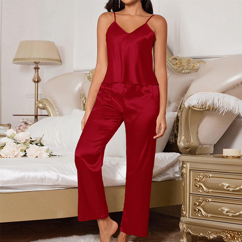 Elegant No-Frills Sleeveless Jumpsuit and Pant Set in Soft Ice Silk Fabric for Relaxed Living - Seasonal Nightwear Collection