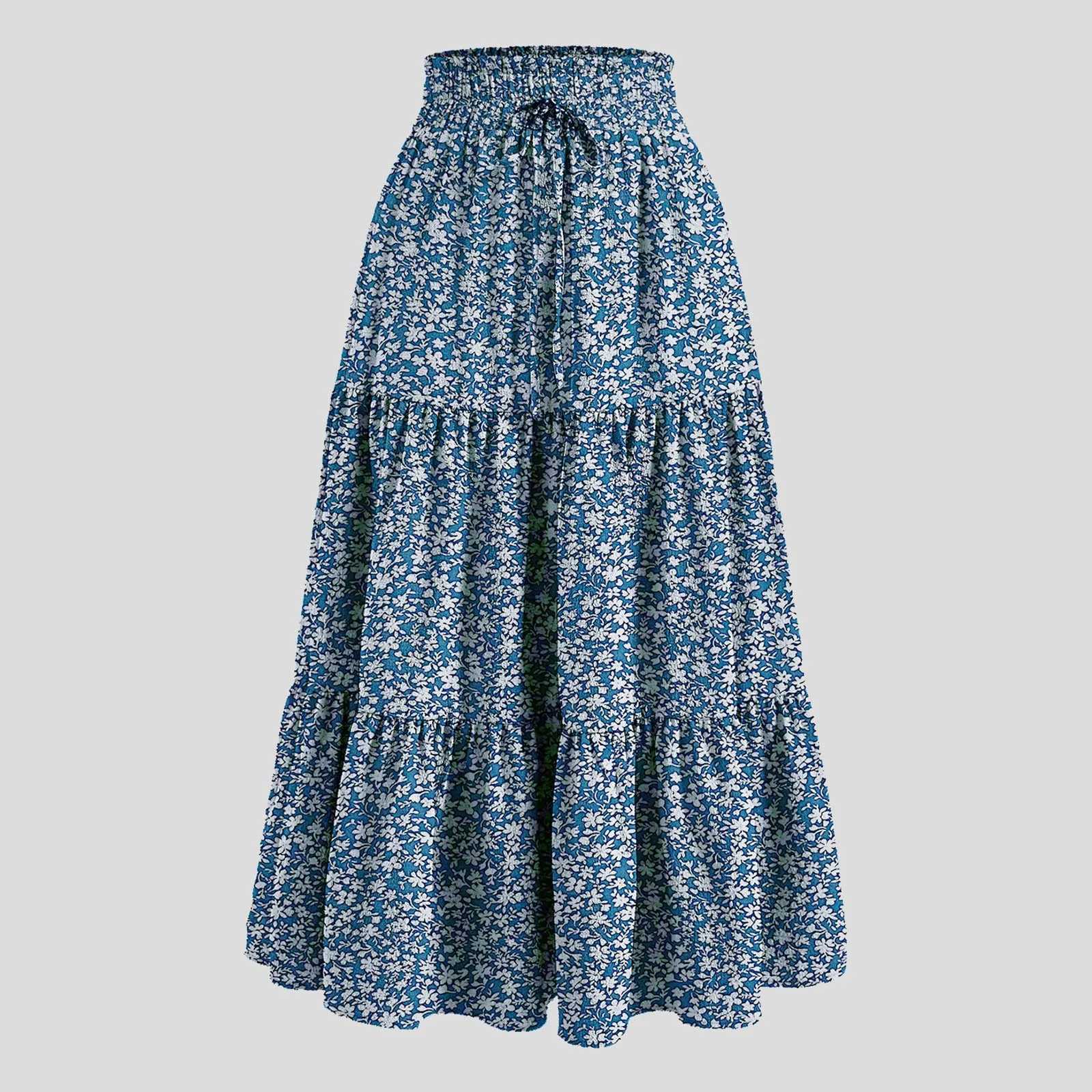Skirts Womens Bohemian retro floral print Maxi leather elastic high waist pleated tassel A-line long kayak toddler autumn 2025 Falda Short Y250314CYGH