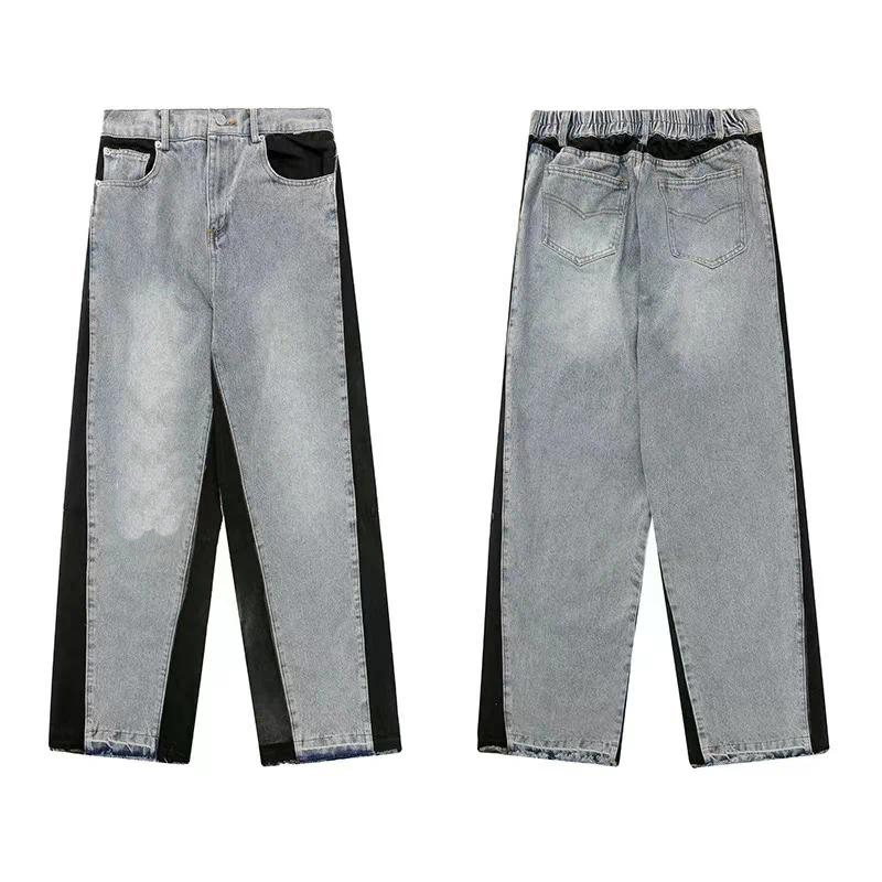 Men's Jeans American Retro Washed Letter Spliced Denim Trousers High Street Trendy Brand Couple Loose Straight Micro-flared Long