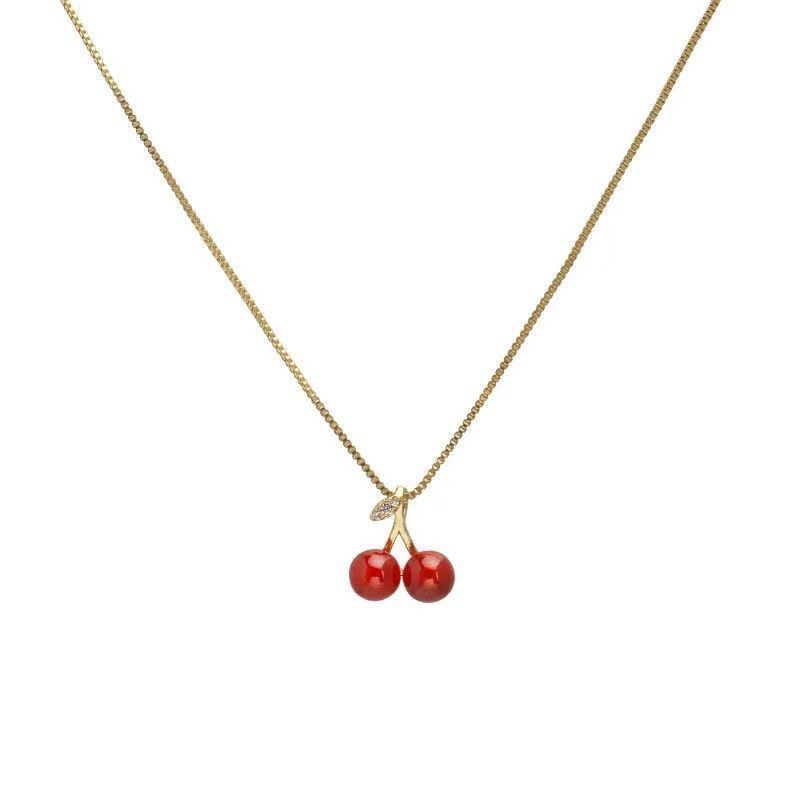 Red Cherry Pendant Necklace Womens Summer Light Luxury Collarbone Chain Accessory Elegant Jewelry for Women Fashionable Statement Piece