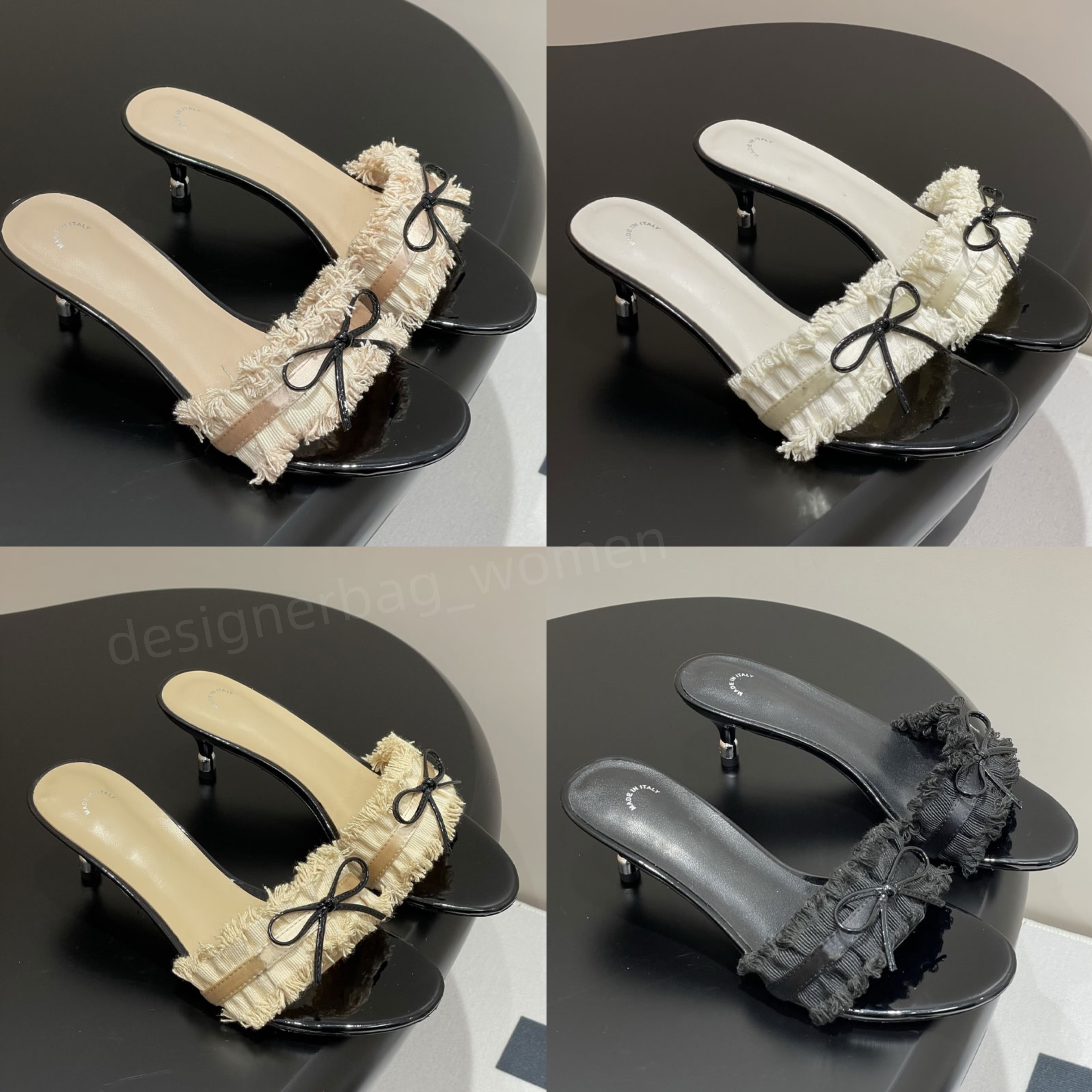 Fringed Line Slippers Designer Kitten Heels Bow Honey Bow Slippers High Heels Sildes Top Quality New Summer Real Leather Sandal Summer Beauty Party Shoes Size 35-41