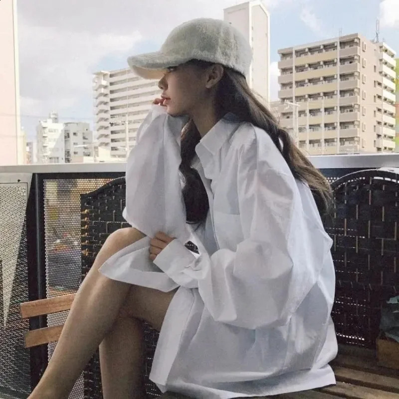 2025 Spring Minimalist Chic Oversize Womens White Basic Shirt Long Sleeve Button Up Loose Woman Tunic Blouse Clothing Matching 250311