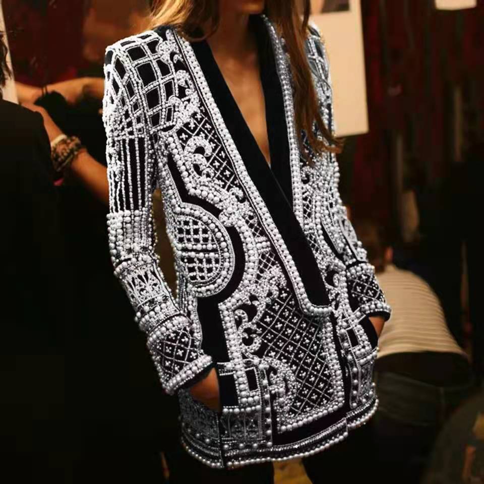 K311Classic V Neck Thick Knit Blazer - Elegant Bubble Bead Pattern