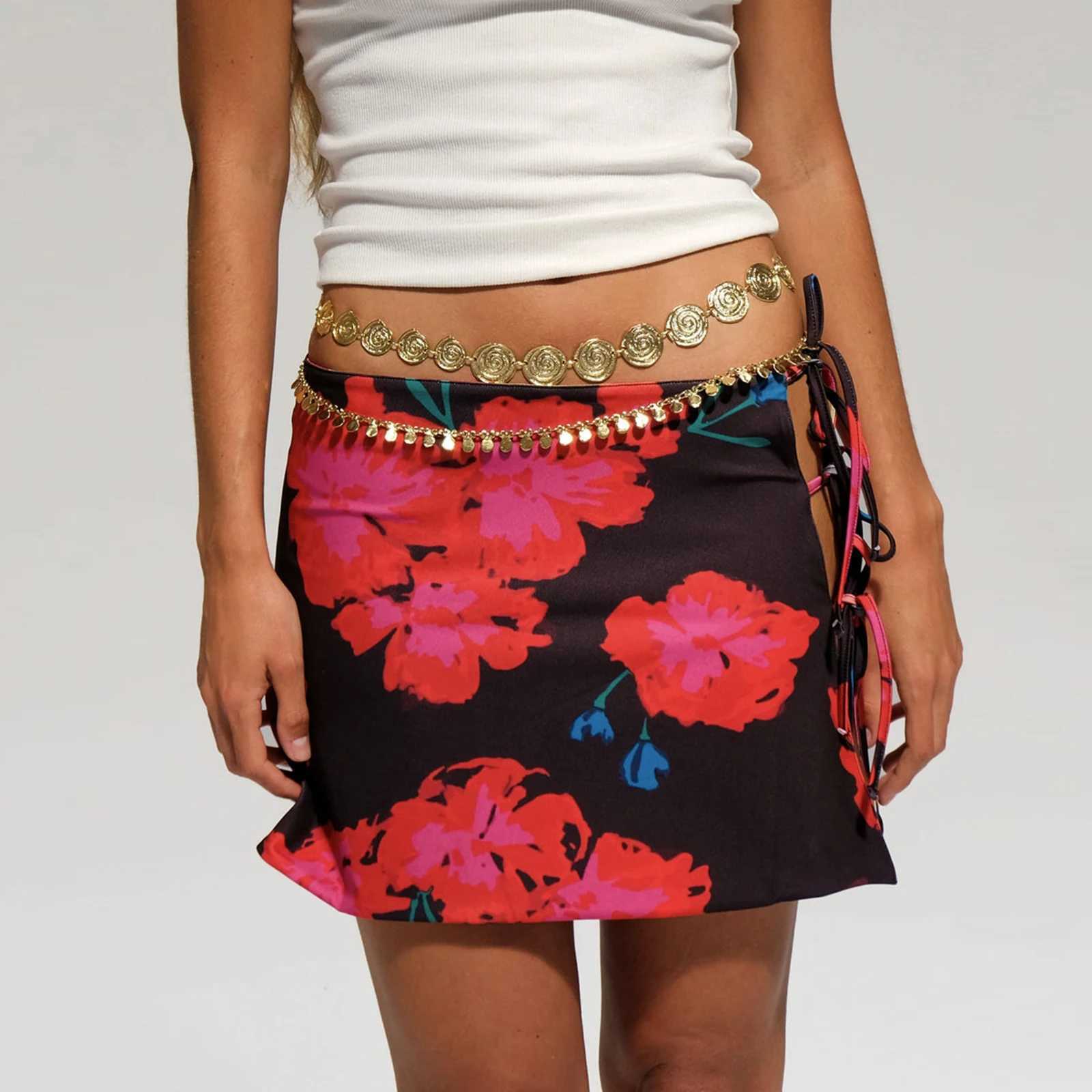 Skirts Womens Y2K retro slim fit tie with floral print low waist side split tie party mini A-line skiing Y250314F78X