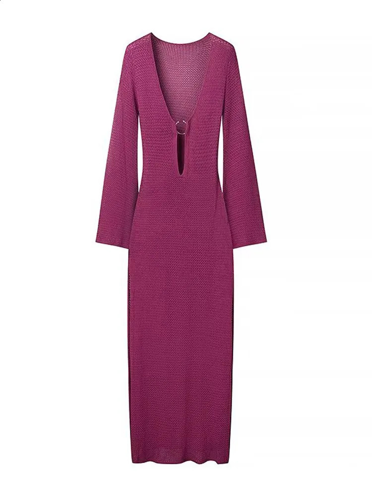 Sexy Metal Ring Splicing Womens V-neck Split Crochet Dress Chic Flared Sleeve Slim Hollow Out Robes Lady Beach Vacation Vestido 250313