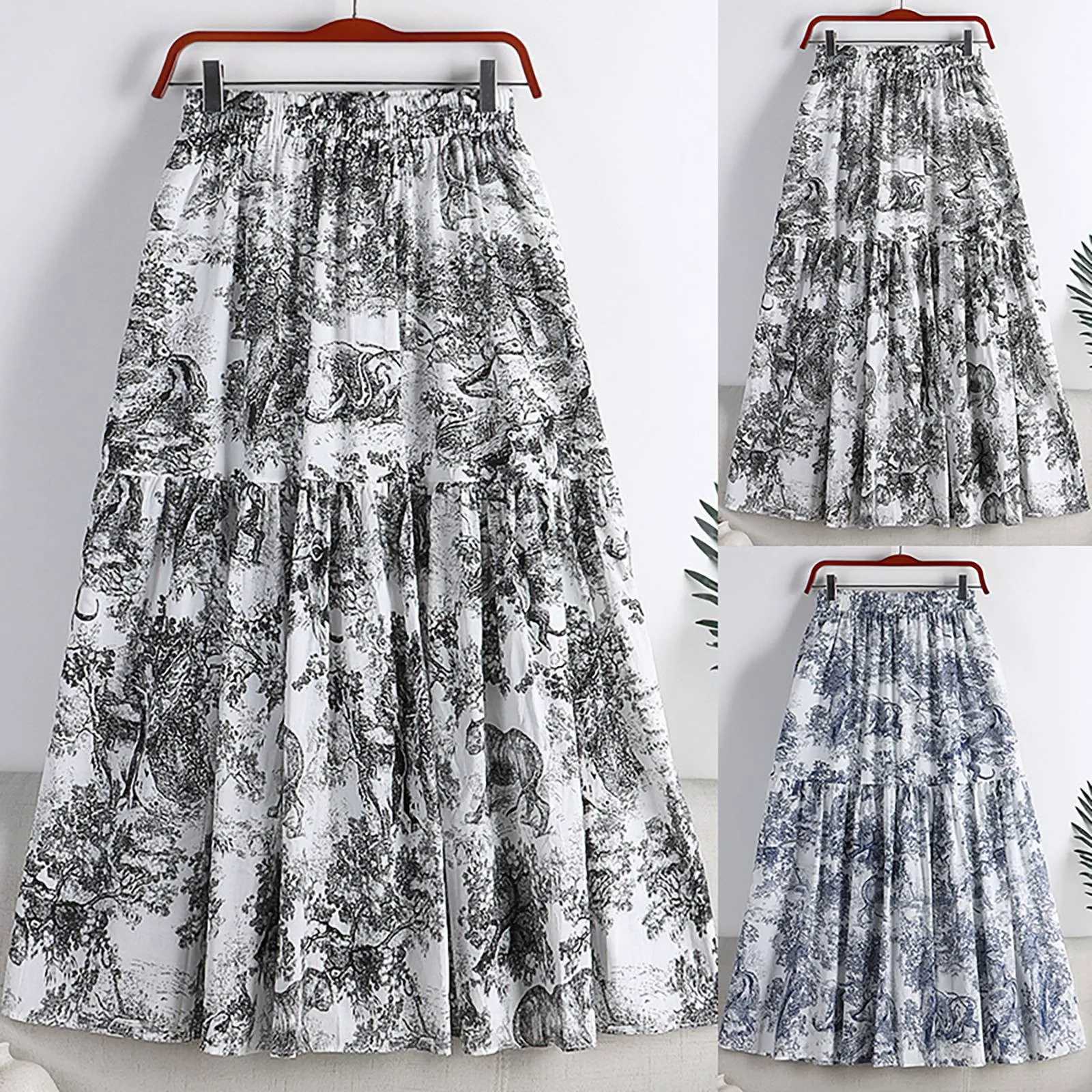 Skirts Sparkly Skirts Womens Spring/Summer Waist Vintage Ink Painting Printed Cotton Leather Medium Length Metal Leather Y2503143AXH