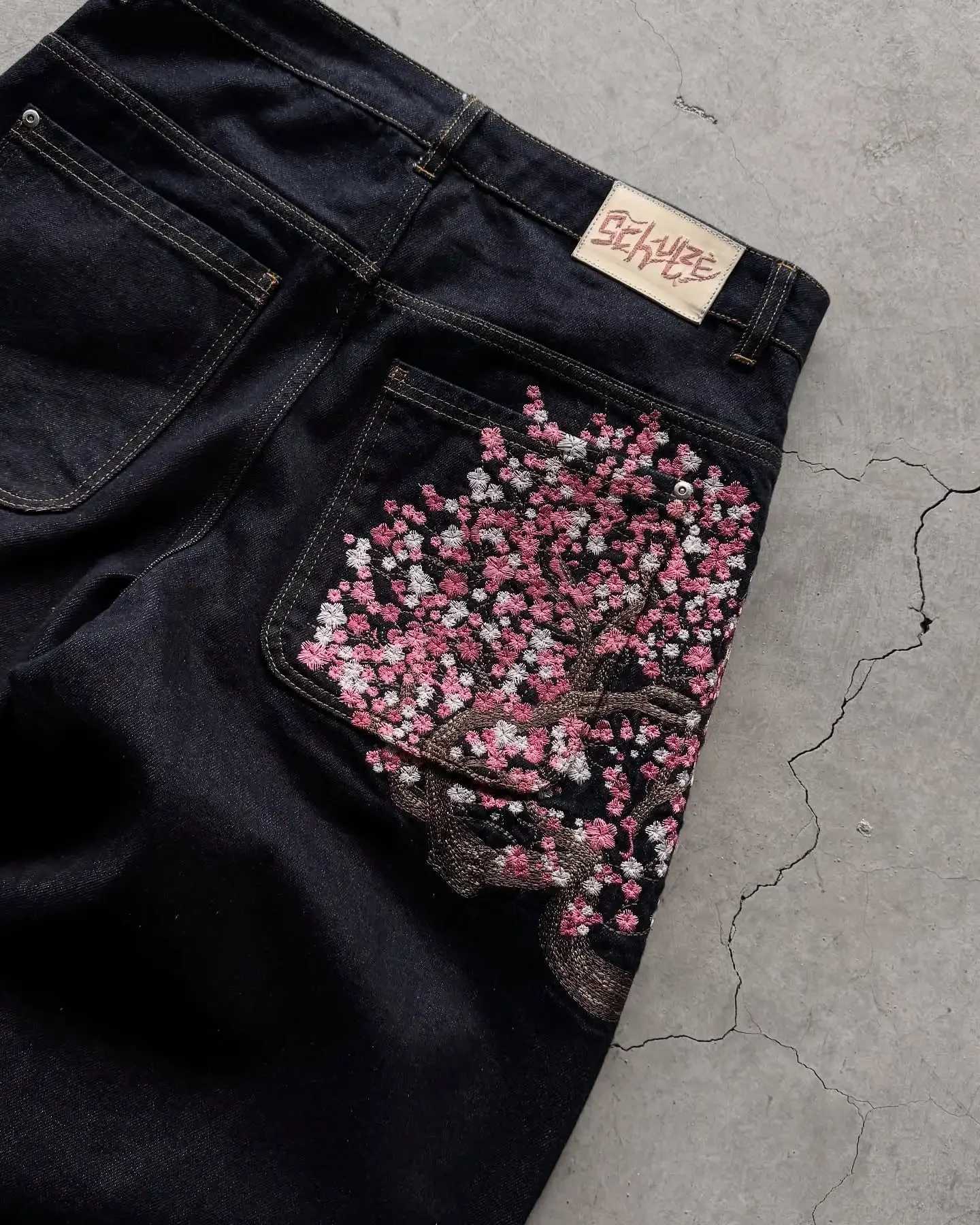 Retro 90s embroidered cherry blossom high waist straight wide-leg jeans y2k American niche Harajuku style skateboard pantsT250314