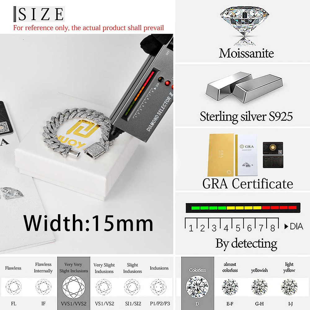 Hip Hop Box Lock Cuban Bracelet High-End 15mm Vvs Moissanite Diamond Bright 925 Silver Full Ice Out Cuban Link Bracelet For Men