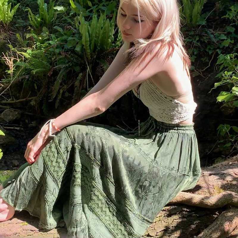 Skirts 90s vintage Boho Midi skiing Fairycore Grunge Kawaii bow high waist long pleated skiing chic womens retro holiday beach T-shirt Y2503141731