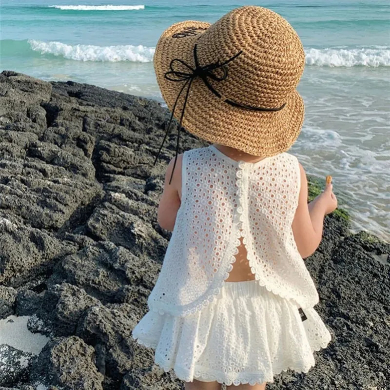 Girls Summer Clothing Sets Hollow Lace Suit Baby Casual Sleeveless T-shirt Shorts Kids Clothing Sets Baby Clothes Sets 250314