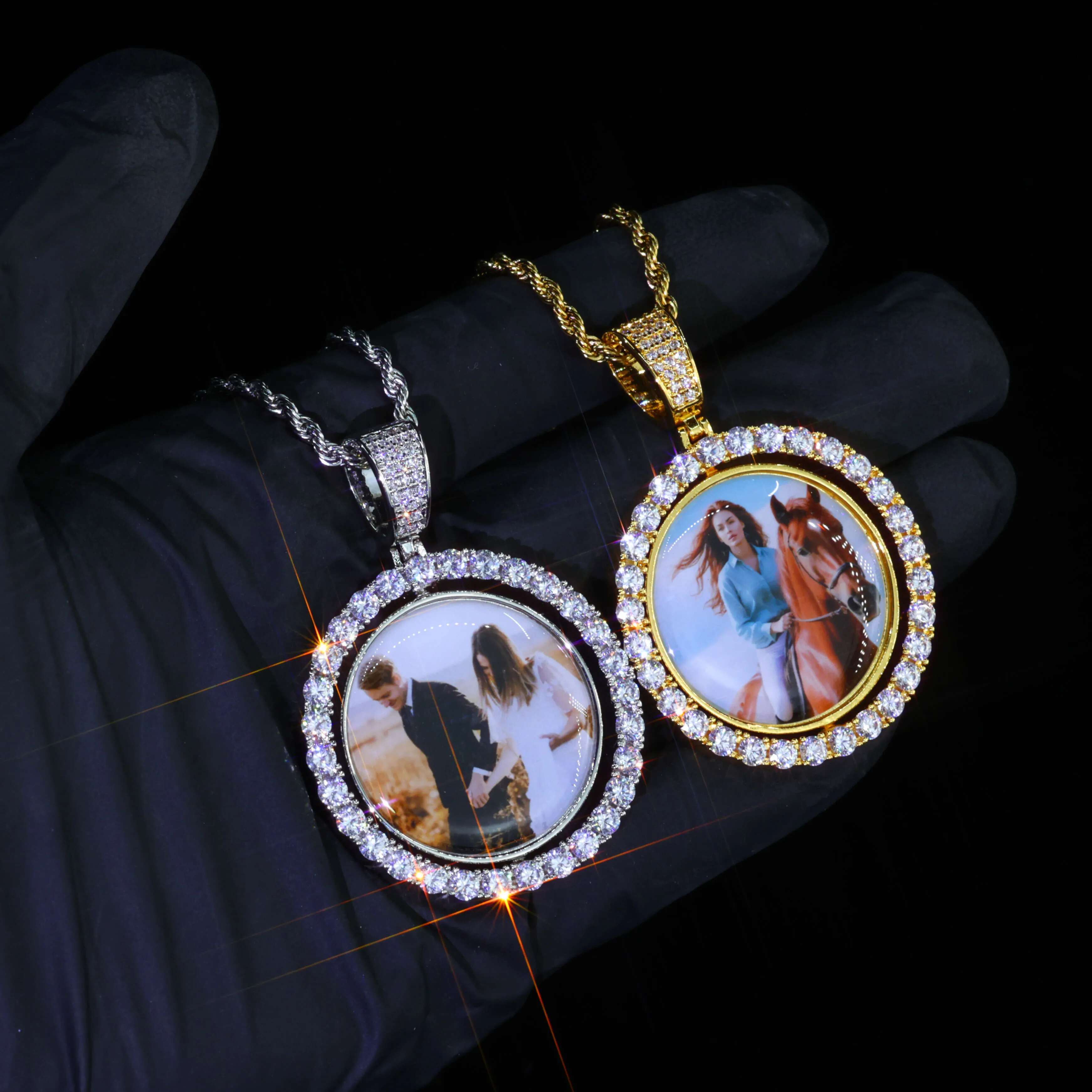 Custom Rotating Double Sides Medallions Necklace Iced out Circle Photo Chain Pendant Couple Valentine's Day gift