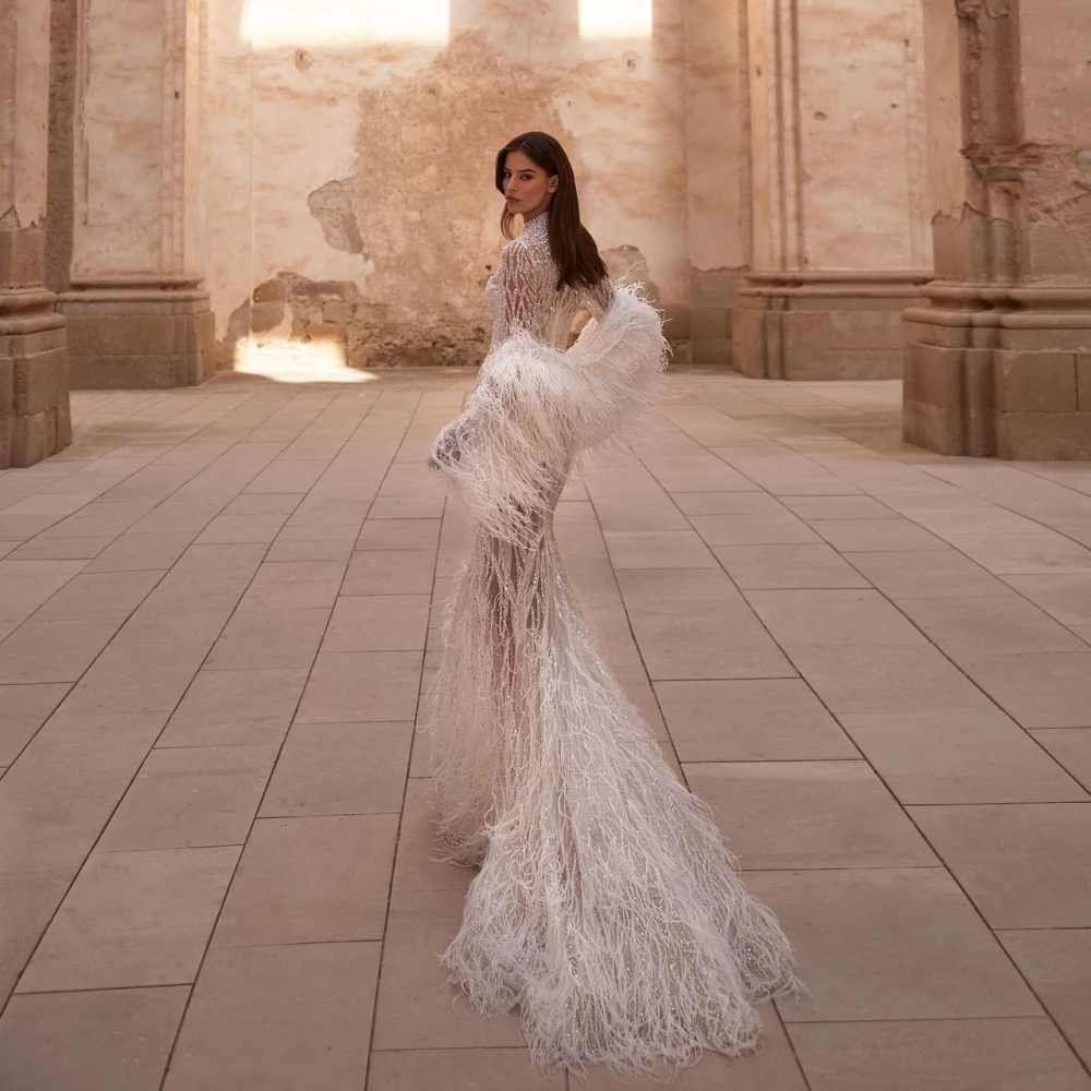 Gorgeous Evening Dresses For Women High Collar Long Sleeves Gown See Through Sequins Feather Sweep Train Party Customized Dress