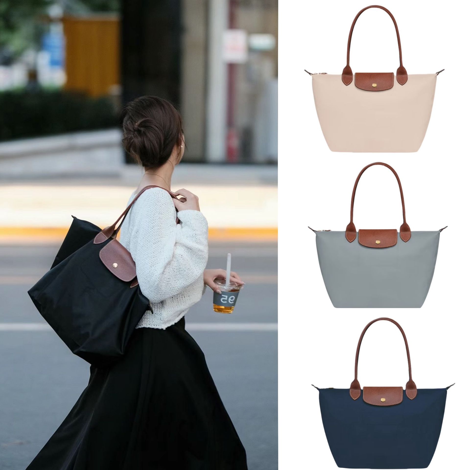 AAA Longly Champity Tote Bag Designer Handbags Woman Classic Leather Flower Checked Shoulder Hand Nylon Beach Clutch Wallet Top Quality Three Size Shopping Purse