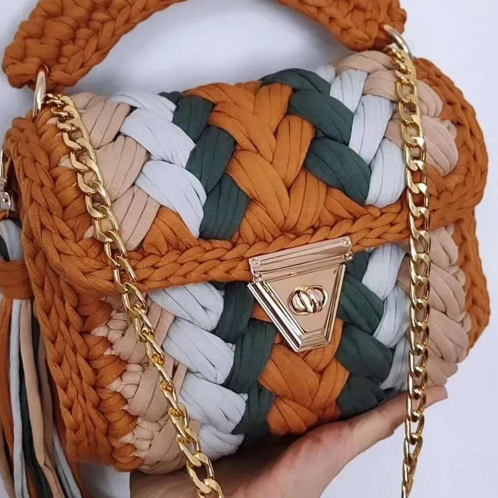 Purse Bags For Women 2024 New Handbags Handmade Crochet Contrast Knitted Chain Bag