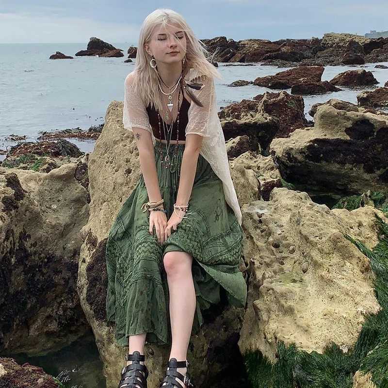 Skirts 90s vintage Boho Midi skiing Fairycore Grunge Kawaii bow high waist long pleated skiing chic womens retro holiday beach T-shirt Y2503141731