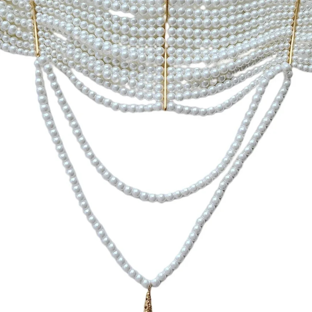Vintage Handmade Multi-layer Pearl Tassels Choker Collar Chain Necklace250305
