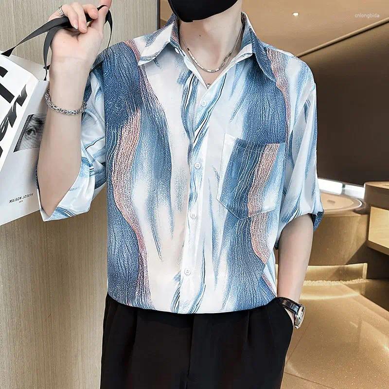 Trendy Mens Ice Silk Floral Three-Quarter Sleeve Korean Style Summer Casual Loose Fit High-End Asian Shirts