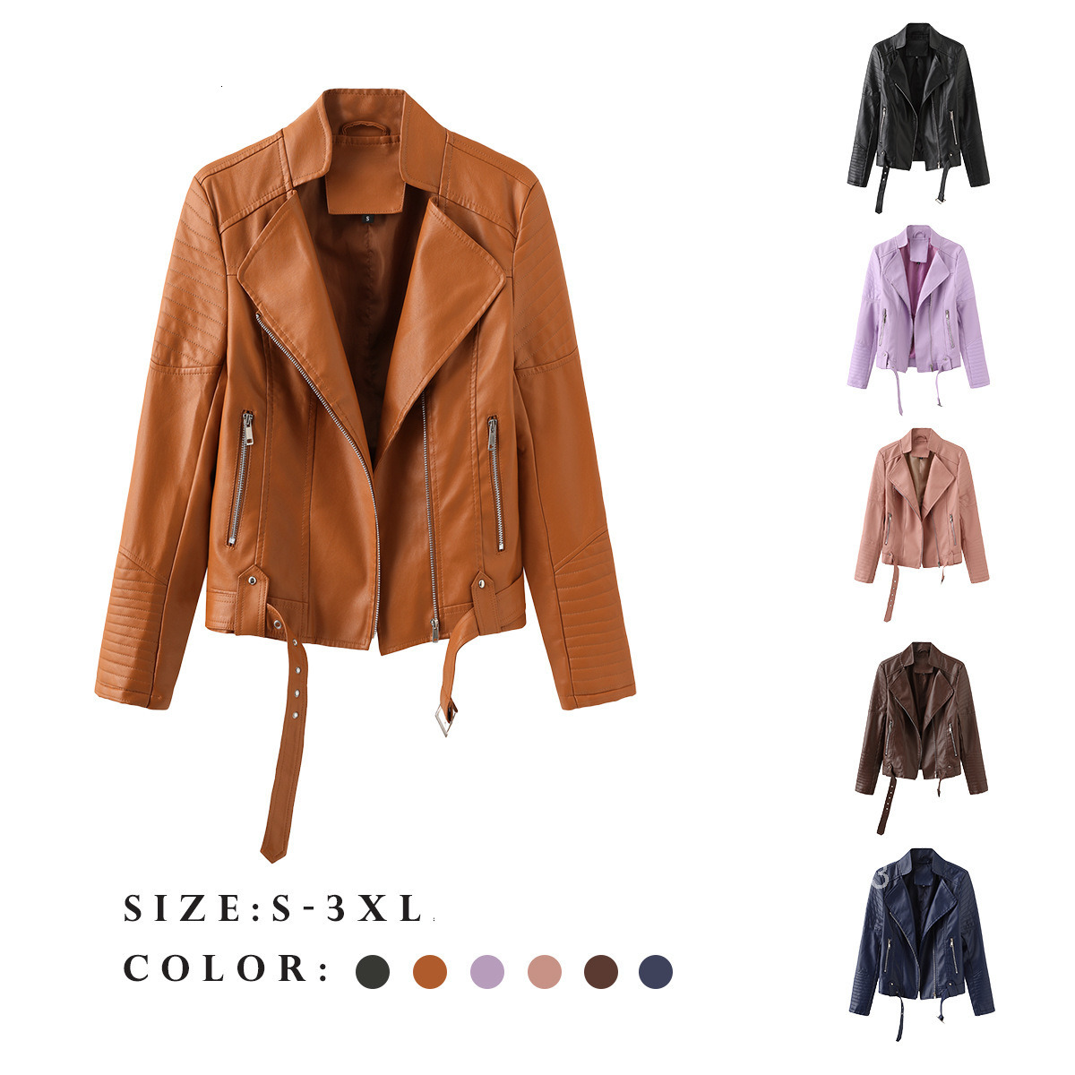 Fashion Street Trendy Leather Jacket with Belt Long Sleeved Spring and Autumn Thin Womens Jacket V-neck Pu Jacket