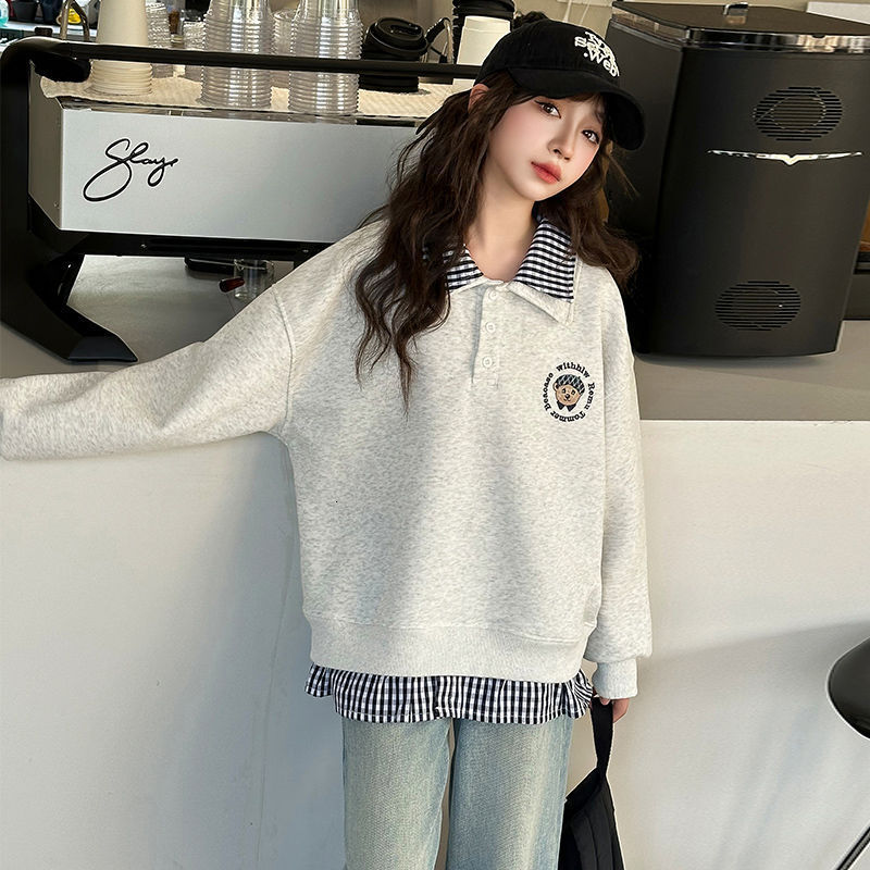 Ddmyshoesvip Women Treasure Korean Version Loose Collared Sweatshirt Mid Size Children Spring And Autumn New Style Color Fashion Western Style Long Sl