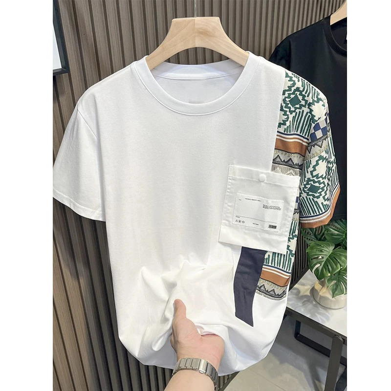 Mens fashion printed patch work pocket short sleeved T-shirt summer casual round neck ultra-thin cotton bottom top Ropa Hombre 250314