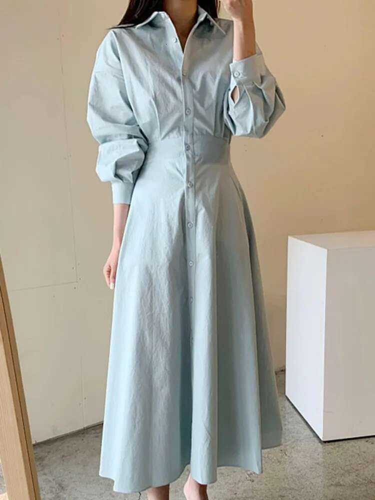 Y2k Autumn Solid Dress Women Fashion Long Sleeve Pleated Slim Waist A-E Dresses Temperament Single Breasted Simple Vestidos