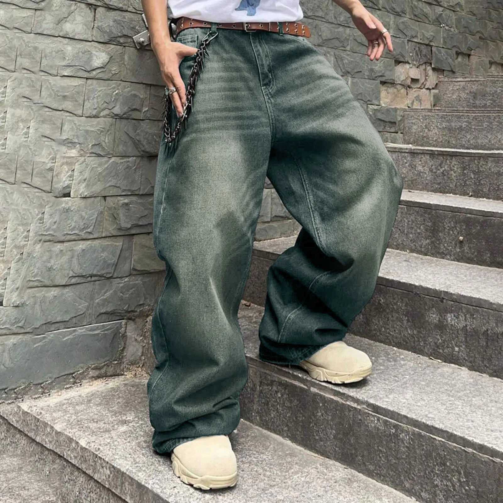 2025 New Y2k Autumn/Winter Pocket Jeans Mens Pocket Hip Hop Jeans Wide Leg Business Jeans Trend Fashion Zipper PantsT250319