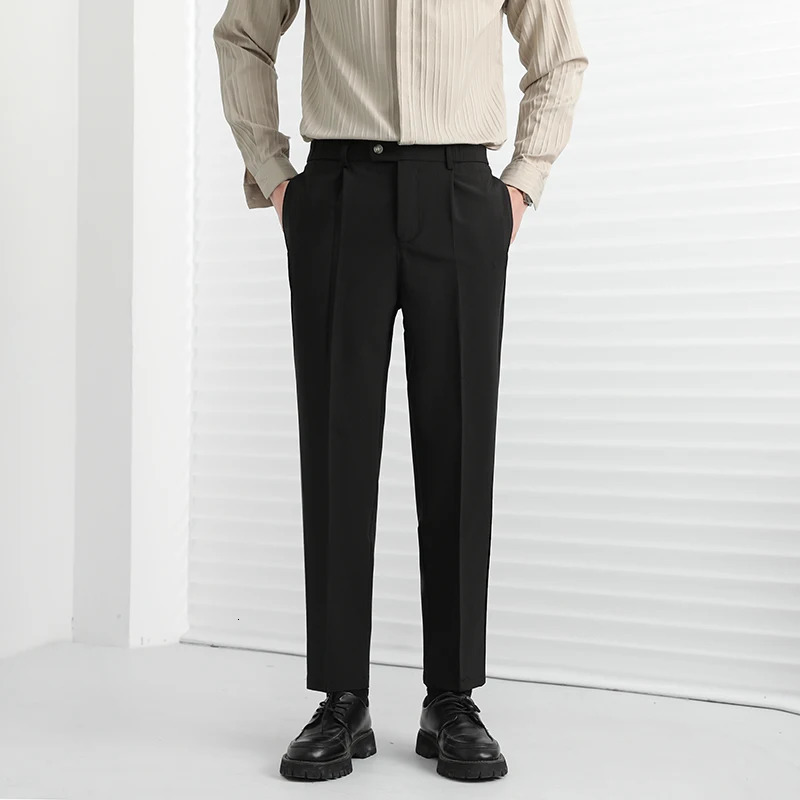 Spring mens suit pants elastic waist solid wide leg dress for office and leisure Japanese chiffon wear 250313
