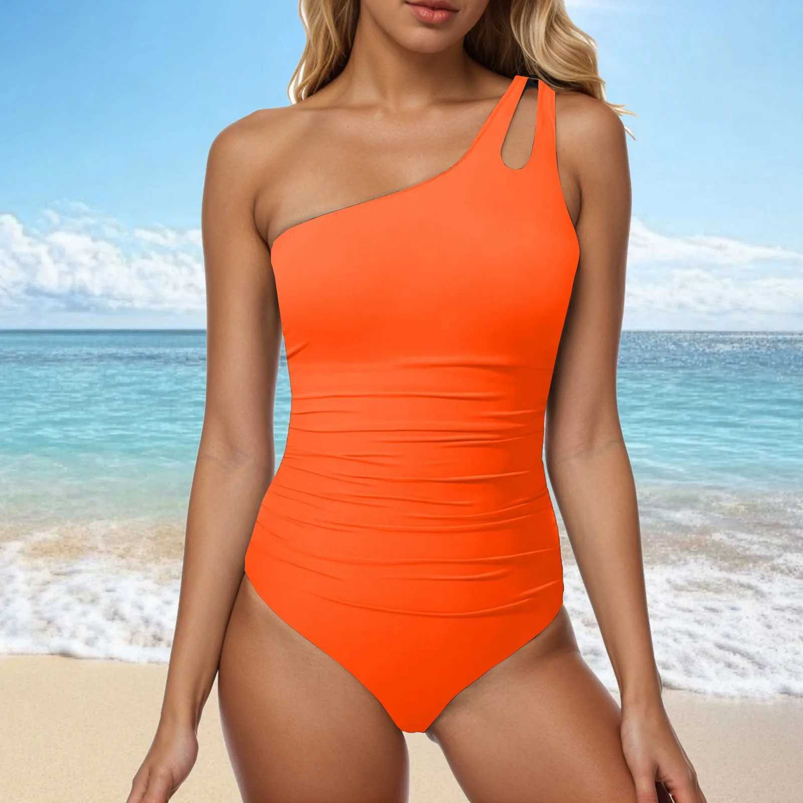 Womens One-Piece Swimsuit Slanted Shoulders Hollowed Out Asymmetric Conservative Full Coverage Tankini Swimwear Tummy ControlXJ250315