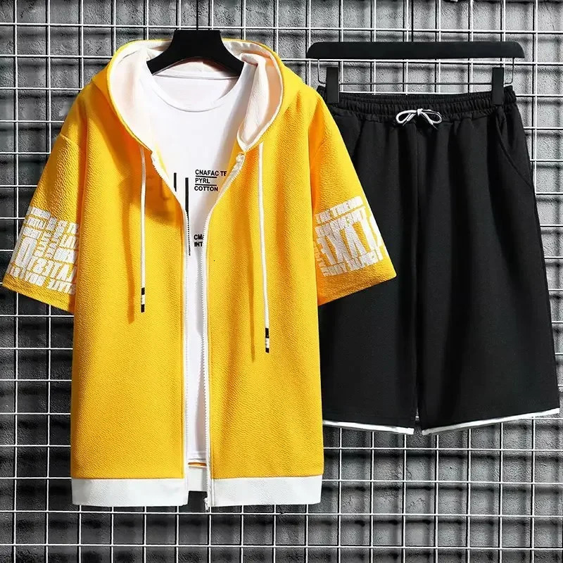 Summer Thin Mens Sports Suit 2-piece Set Casual Hooded Quick Dry Running Exercise Clothes Short Sleeve Shorts 250310
