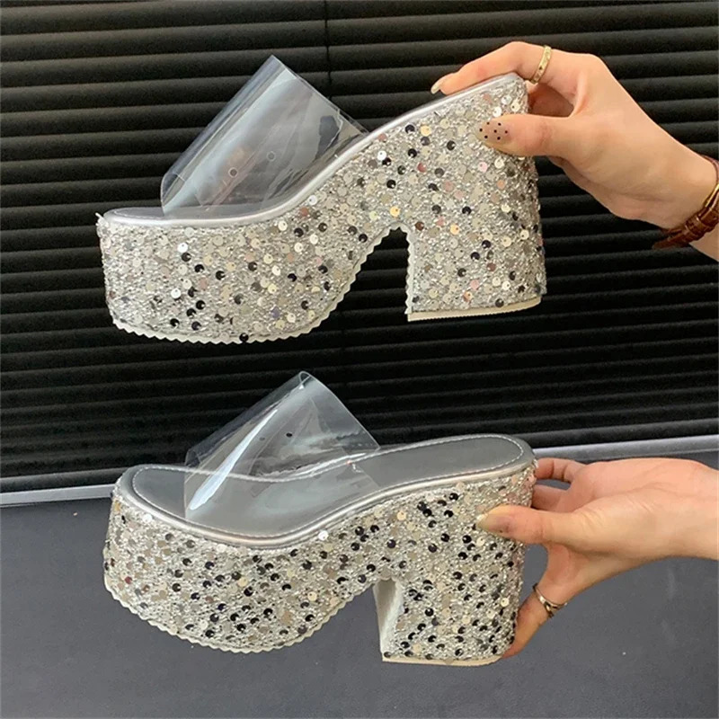 Eilyken Summer PVC Transparen Sequin Cloth Platform Open Toe Womens Slippers er Square High Heels Shoes Zapatos De Mujer250314bj